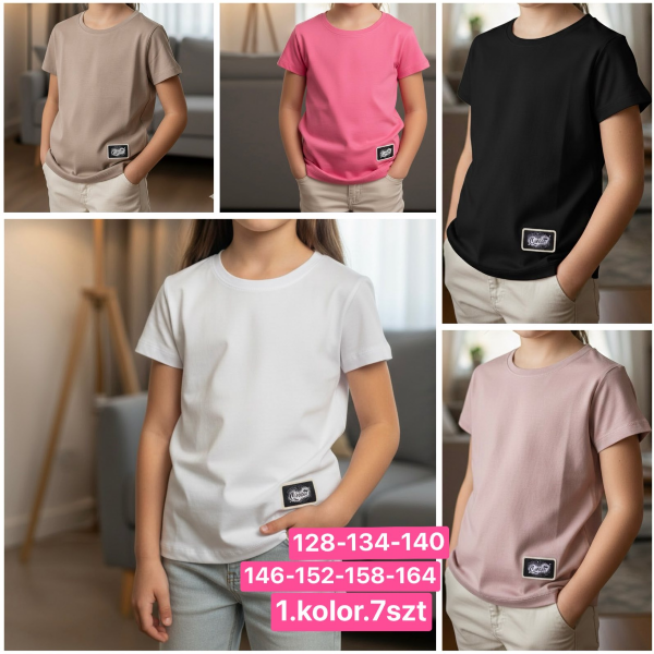 Bluzki dziewczęce Roz 128-164, 1 kolor Paczka 5 szt